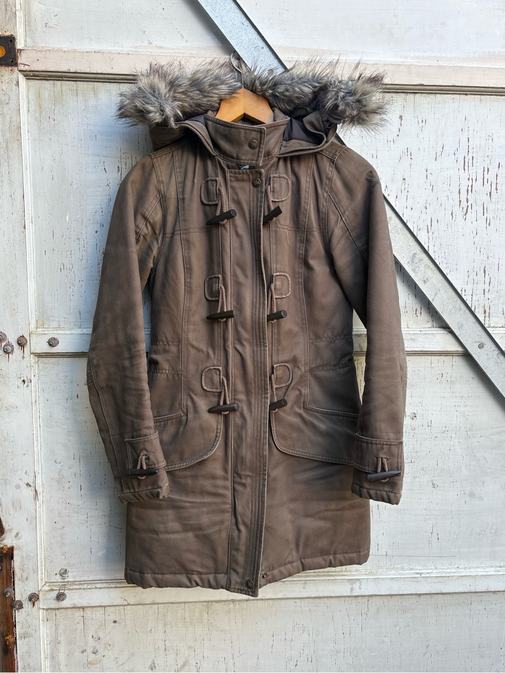 Spiewak and Sons Women’s Brown/Green Faux-Fur Trim Puffer Parka Zip Up Jacket XS